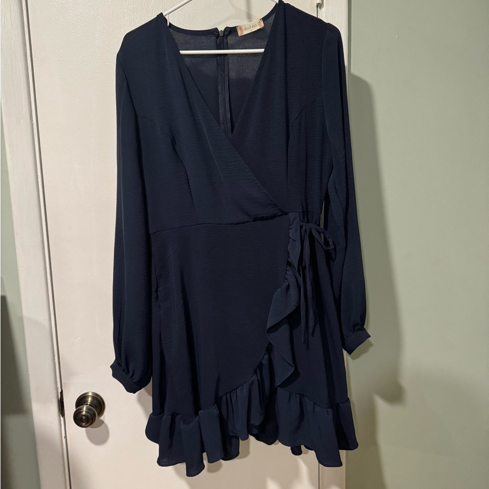 Altar’d State navy blue formal dress, size large. V neck with wrap waist.